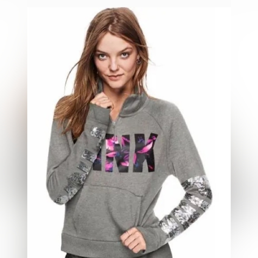 Victoria's‎ Secret PINK Bling Sequin Gray Floral Quarter Zip Pullover Sz S